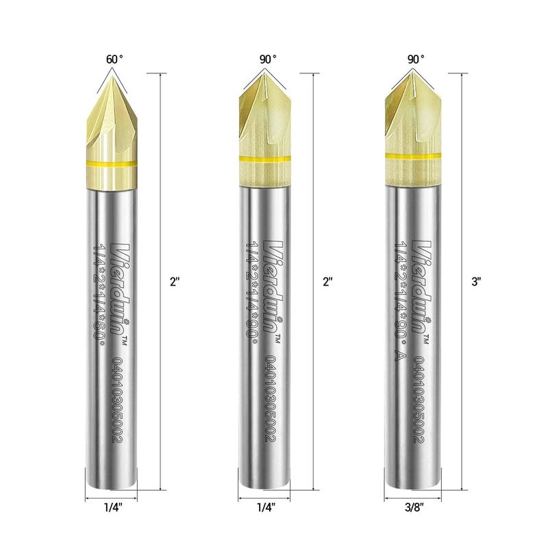 VIERDWIN Chamfer Router Bits 90° V Groove 3-Flute CNC Router Bit, 1/4 Inch Shank Carbide Bit for Engraving & Chamfering, Ideal for Aluminum Copper Plastic Wood (1PC) - Image 2
